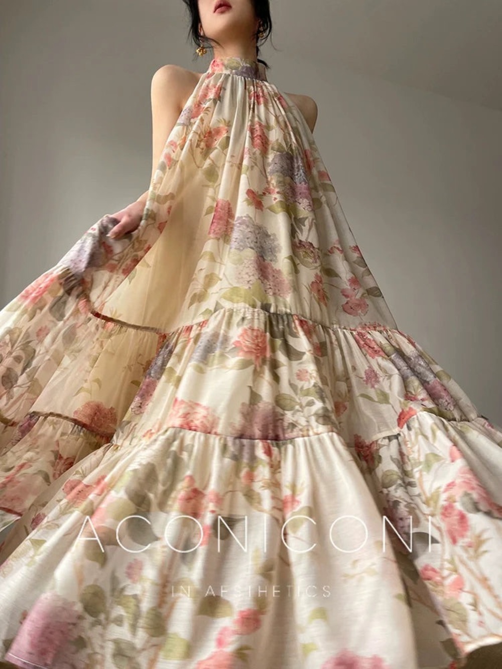 Aconiconi High End Floral Print Sleeve Less Halter Neck Long Resort Dress Spring